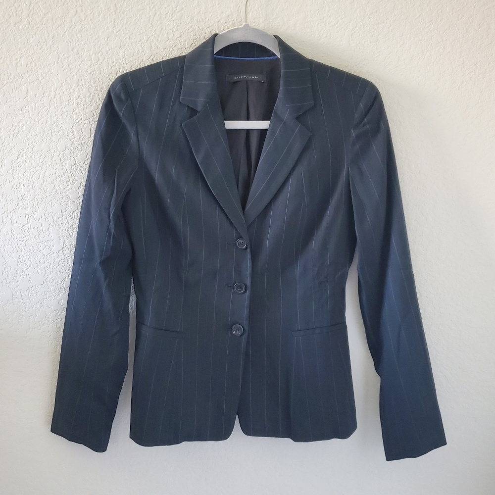 Elie Tahari navy wool blend pinstripe blazer